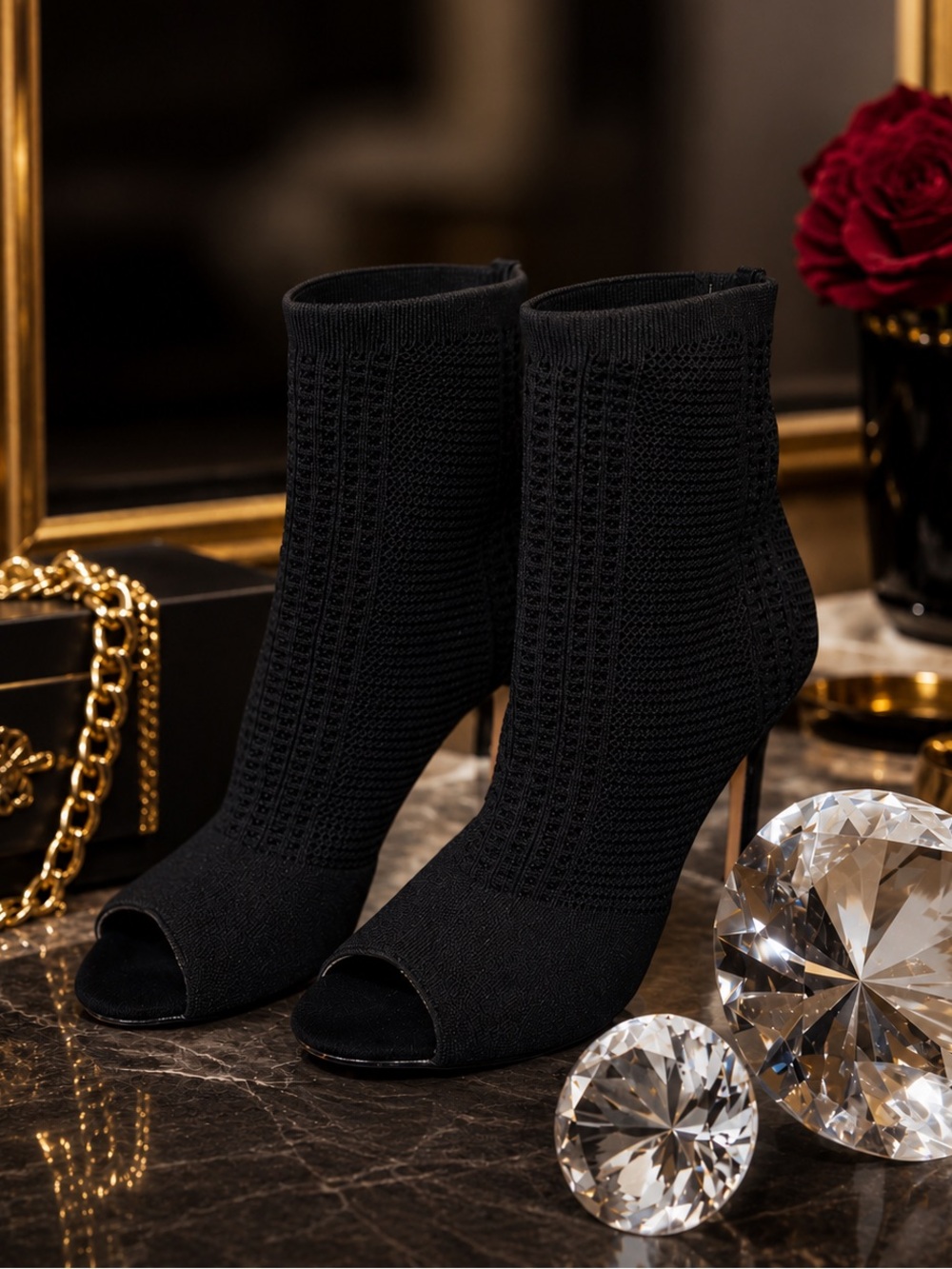 Size 6 - Chic Black Knitted Peep-Toe Boots